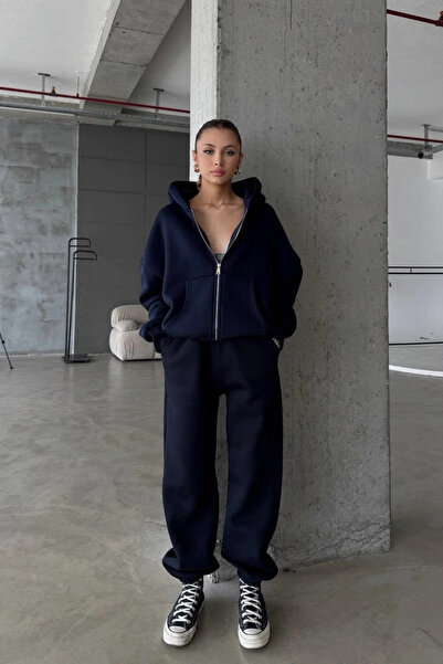 YAKAMEL KADIN 3 İPLİK OVERSİZE FERMUARLI SWEATSHİRT HIRKA EŞOFMAN TAKIMI