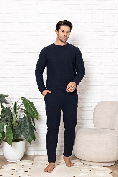 GUAVA+ Ανδρικό σετ πιτζάμες με μακρύ μανίκι με μανσέτες από βαμβακερό ύφασμα χειμερινής βάφλας χωρίς κουμπιά με τσέπες