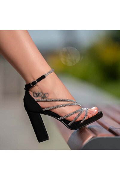 BMoD Sandale de damă din piele întoarsă neagră cu toc și platformă MOD13732