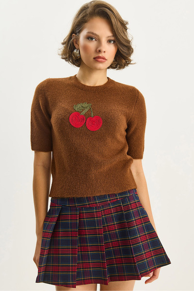 Bianco Lucci Kadın Bisiklet Yaka Kısa Kollu Kiraz Örgü Nakış İşlemeli Triko Bluz 5079 60283588