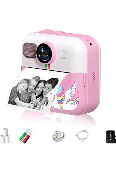 Generic كاميرا طباعة فورية للأطفال بدقة 1080 بكسل عالية الوضوح مع بطاقة SD سعة 32 جيجابايت، هدية لعبة محمولة