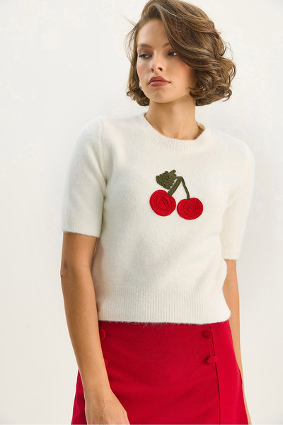 Bianco Lucci Γυναικεία μπλούζα με κοντό μανίκι με λαιμόκοψη κερασιού με κεντημένο πλεκτό πλεκτό πλεκτό 5079 60283588