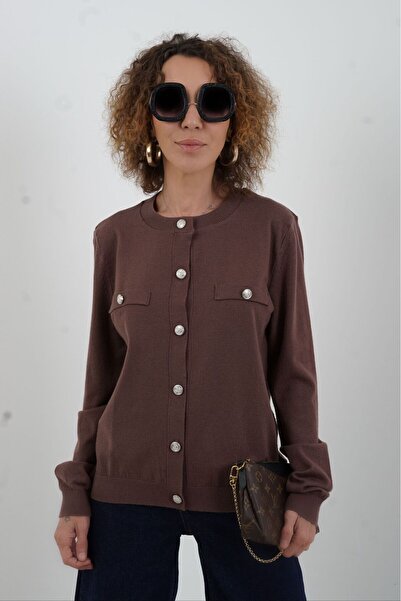 Zelish My Sister سترة كارديجان بنية اللون بأزرار وجيوب
