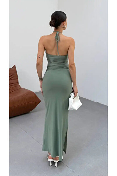 cemo Yaka Ay Aksesuarlı Boyundan Bağlamalı Drapeli Uzun Elbise