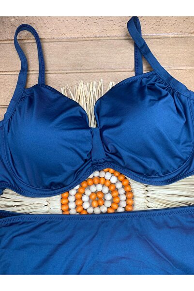 Genel Markalar Kadın Lacivert Likralı Esnek Şık Rahat Büyük Beden Battal Telli Balenli Yüksek Bel Bikini Takım