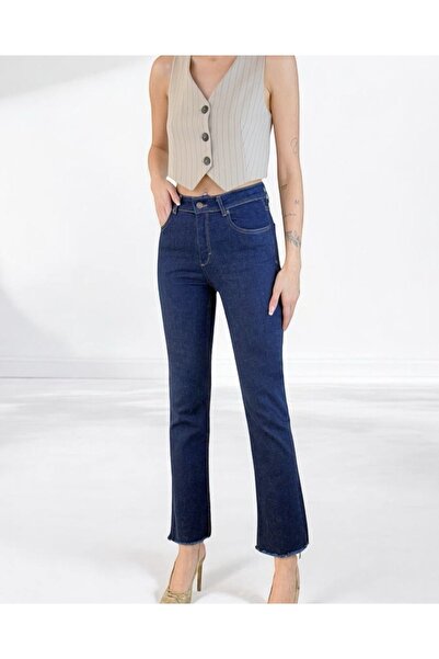 LACARINO High Waist Tassel Detailed Dark Blue Jean Trousers