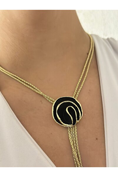 MyladyAccessoriess Siyah ve Gold Detaylı Gül Figürlü Zincir Uzun Ayarlamalı K...
