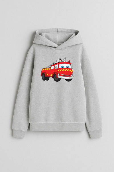 MODA هوديي رمادي اللون للأولاد والبنات مطبوع عليه سيارة إطفاء حمراء