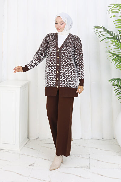 benguen Patterned Knitwear Cardigan Set S1044 Brown