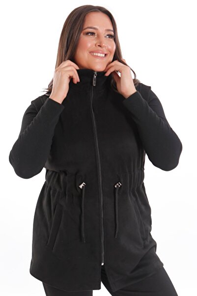 Metpoint Trend42Plus Plus Size Suede Black Vest with Elastic Waist and Pocket Detail