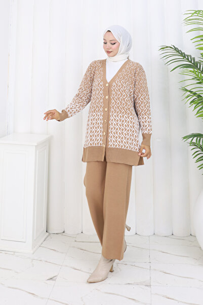 benguen Patterned Knitwear Cardigan Set S1044 Mink