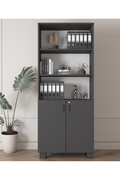 ESYAH Antrasit 2 kapaklı Kilitli Ofis Dolabı Modern Çok Amaçlı