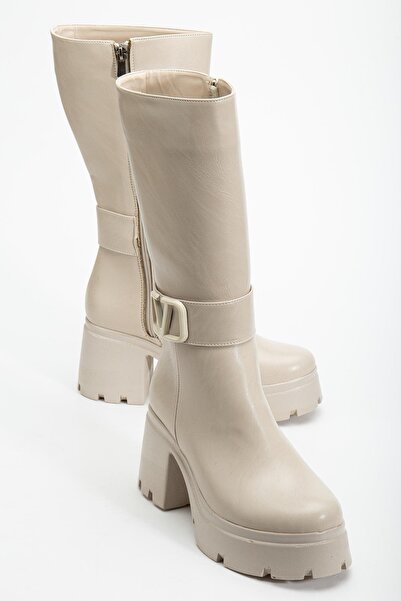 Dilimler Ayakkabı Μπεζ γυναικείες μπότες με τακούνι πλατφόρμας κάτω από το γόνατο από συνθετικό δέρμα με αγκράφα