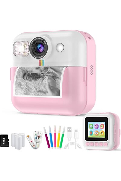 Generic مجموعة كاميرا طباعة فورية للأطفال | ٣ لفات ورق، بطاقة ٣٢ جيجابايت، وشاشة ٢.٤ بوصة لمتعة الإبداع (وردي)