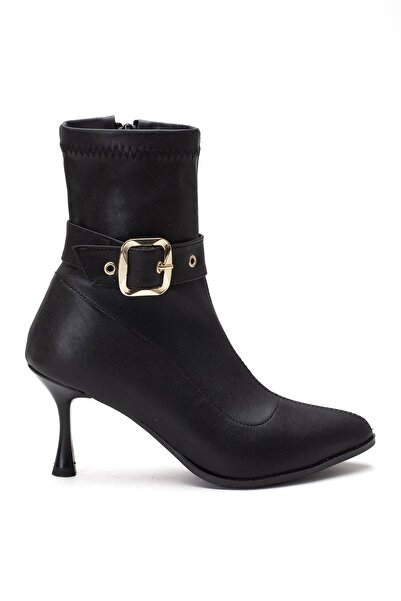 Dilimler Ayakkabı Black Women's Heeled Boots Stretch Faux Leather Thin Heels