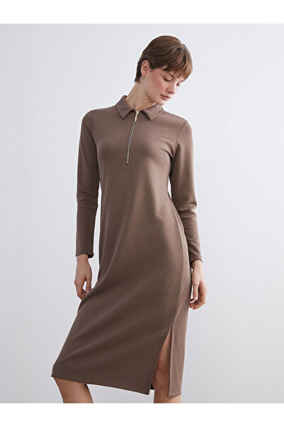 LC Waikiki Peak New Season Plus Size Polo Neck Slit Dress