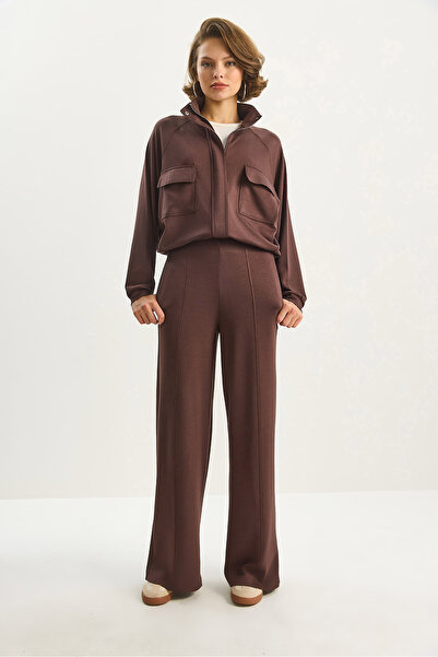 Bianco Lucci Дамско яке с два джоба, цип и еластична талия, с широки панталони, комплект от модал 4035 60283606