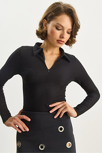 Bianco Lucci Kadın Vücudu Saran Yarım Fermuarlı Fitilli Likralı Polo Yaka Basic Bluz 8073 60283602