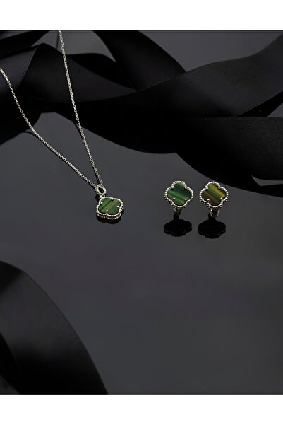 Erdobia 925 Ayar Yeşil Kaplangözü Taşlı Rodyum Yonca Kolye Küpe 2'li Gümüş Se...