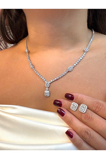 i-k global ticaret Chloe Baget Taşlı Set Su Yolu Kolye Küpe Set Çelik Laboratuvar Pırlantası Abiye Set