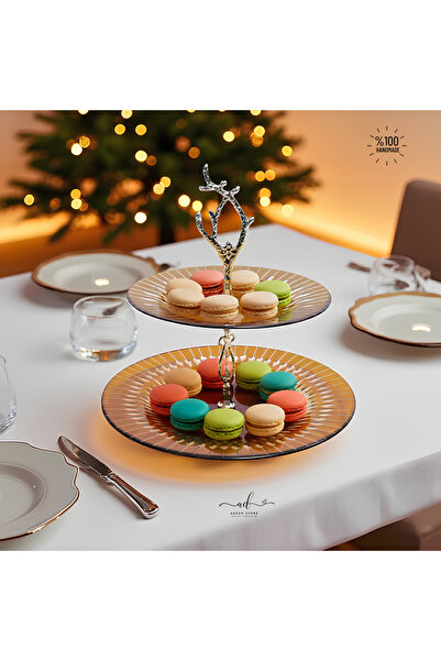 AKDEN STORE Kesme Dekor El İşçiliği 2 Katlı Sunumluk,Kurabiyelik,Makaron Tabağı