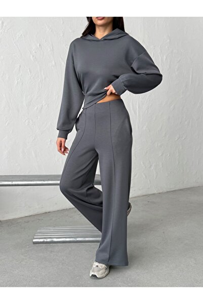 BEJNA Dámská šedá modalová mikina s kapucí a širokými nohavicemi, spodní část, měkký sportovní komplet