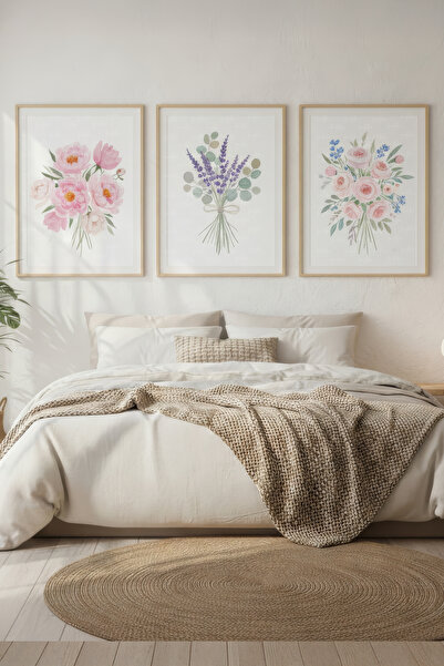 Tontilika Pembe Gül Lavanta Çiçek 3 Parçalı Ahşap Çerçeveli Tablo Seti