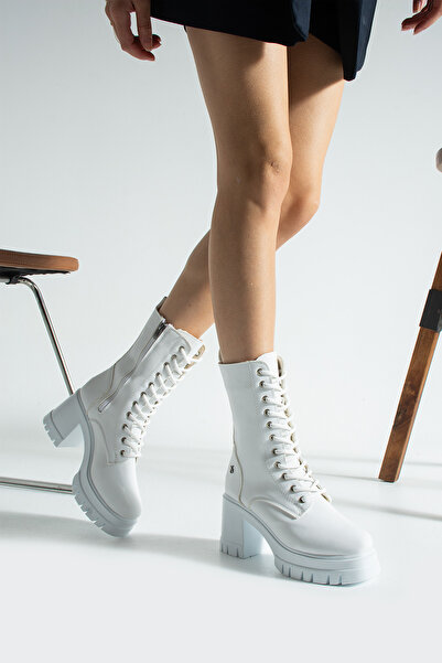 Gökçe Shoes Aine Beyaz Bağcıklı Fermuarlı Kadın Topuklu Çizme