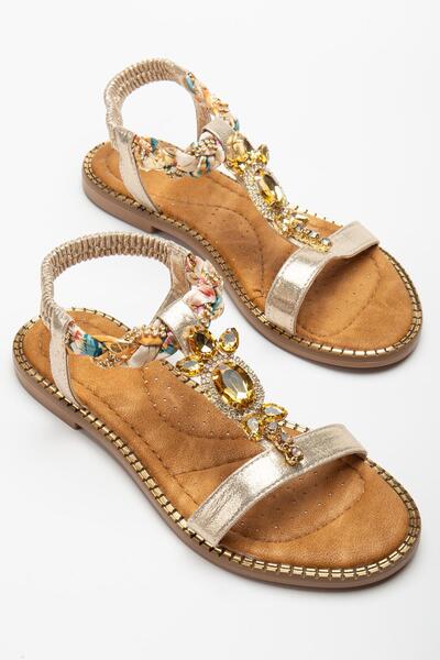 Dilimler Ayakkabı Women's Flat Heeled Sandals with Gold Stone Buckle and Tekband Mesh Hard Hat