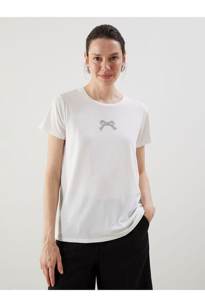 LC Waikiki Tricou de damă LCWAIKIKI Classic Ecru cu decolteu cu panglică brodat