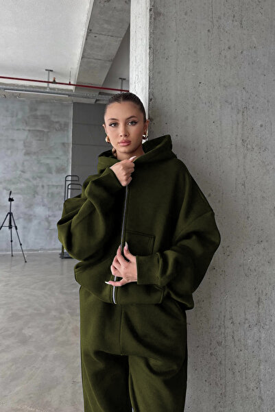 YAKAMEL KADIN 3 İPLİK OVERSİZE FERMUARLI SWEATSHİRT HIRKA EŞOFMAN TAKIMI