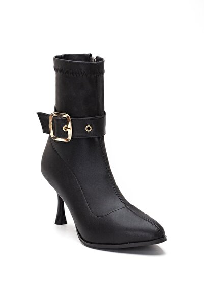 Dilimler Ayakkabı Black Women's Heeled Boots Stretch Faux Leather Thin Heels