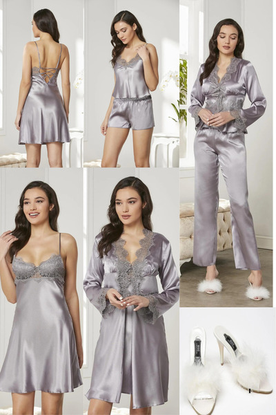 Mavelle Women's Nightgown Robe Shorts Set Pajama Set Satin Six-Piece Set - with Slippers Gift