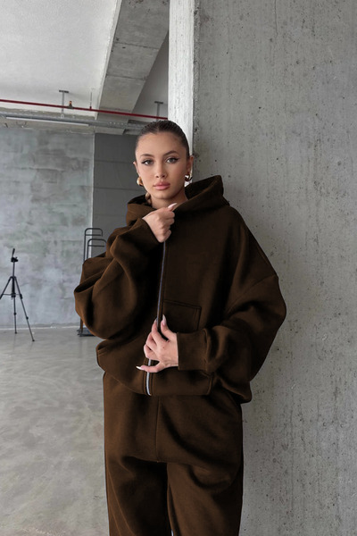 YAKAMEL KADIN 3 İPLİK OVERSİZE FERMUARLI SWEATSHİRT HIRKA