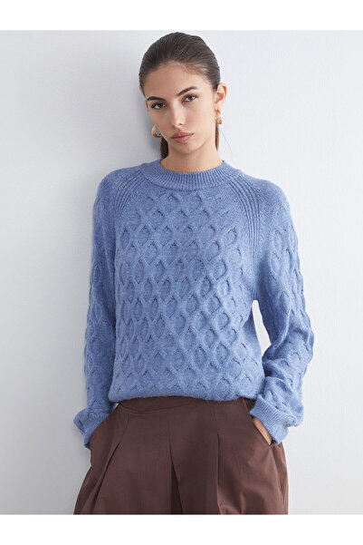 LC Waikiki Mavi Bisiklet Yaka Kendinden Desenli Kadın Triko Kazak