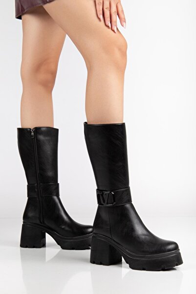 Dilimler Ayakkabı Black Women's Platform Heeled Boots Below the Knee Faux Leather Belt Buckle