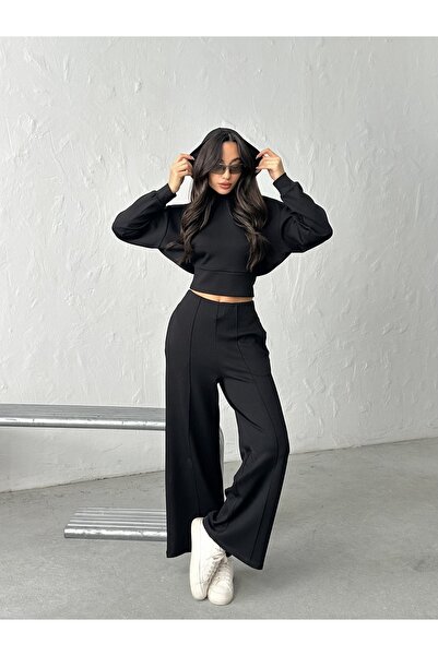 BEJNA Schwarzes Modal-Textur-Kapuzenoberteil für Damen mit weitem Bein und Hose unten oben, weiches Sport-Set