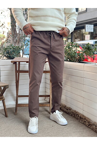 manch collection Italian Cut Waist Drawstring Gabardine Trousers Brown