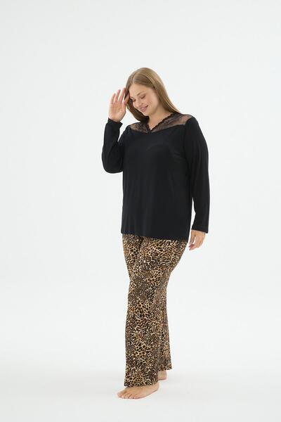 Sevim Жіночий чорний колір великий розмір довгі рукави V-подібний виріз з мереживом піжамний комплект C3T2N371