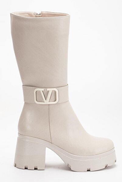 Dilimler Ayakkabı Μπεζ γυναικείες μπότες με τακούνι πλατφόρμας κάτω από το γόνατο από συνθετικό δέρμα με αγκράφα