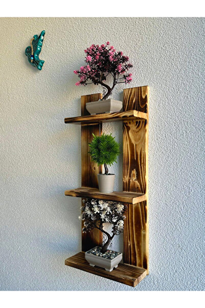 BY AHŞAP DEKOR Doğal Ahşap 3 Katlı Dikey Duvar Rafı