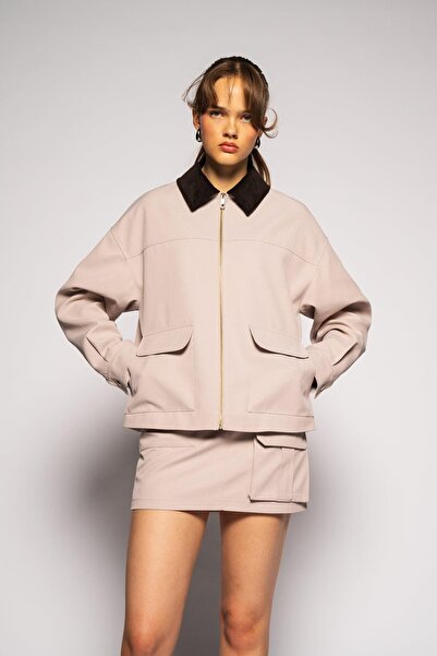 Thalure Kadın Bej Kadife Yaka Gabardin Ceket