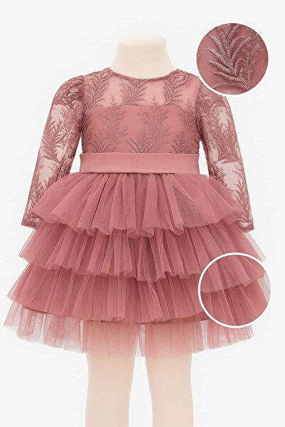 SCZ Dantel İşlemeli Kat Kat Tül Kız Çocuk Abiye Elbise – Lavanta Fiyonk Detaylı