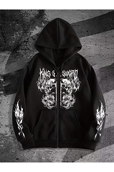 Touz Moda سترة كارديجان سوداء بقلنسوة بتصميم قوطي وسحاب كبير الحجم للجنسين