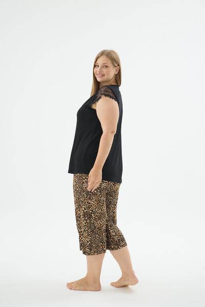 Sevim Дамски комплект пижама с дантелени детайли, черно леопардово принт, размер плюс C4T2N371