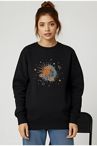 FUFLUNS Sun and Moon Printed Oversize Unisex Women/Men Crop Neck Sweatshirt