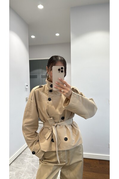 sinemkivanc co DİK YAKA KUŞAKLI KISA TRENÇKOT