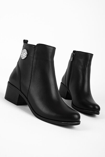 Lal Shoes & Bags Pela Kadın Hakiki Deri Gümüş Toka Detaylı Fermuarlı Topuklu Bot b4199-siyah