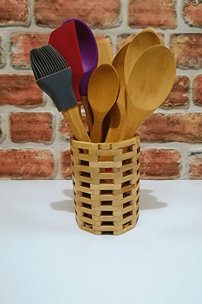 ELEGANCEV حامل دائري من الخيزران - ملعقة سيليكون بمقبض من الخيزران - فرشاة سباتولا - طقم ملاعق خشبية - 9 قطع