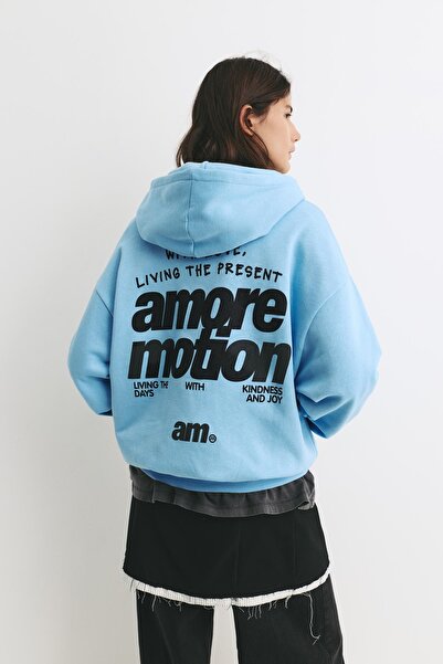 Pull & Bear Grafik baskılı mavi kapüşonlu sweatshirt